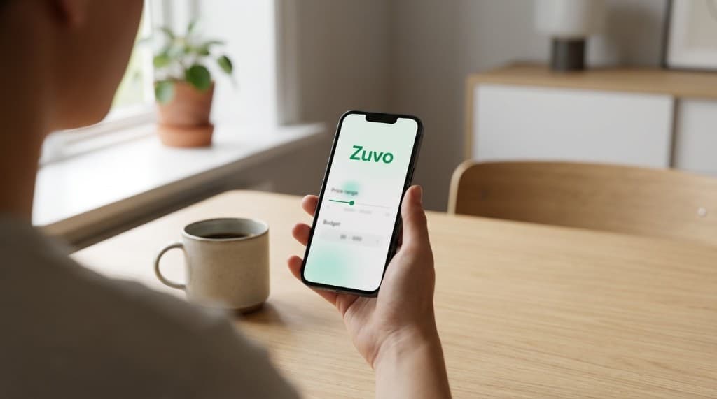 Person med smartphone der viser Zuvo-appens pris og budget ved en kaffekop i et lyst hjem