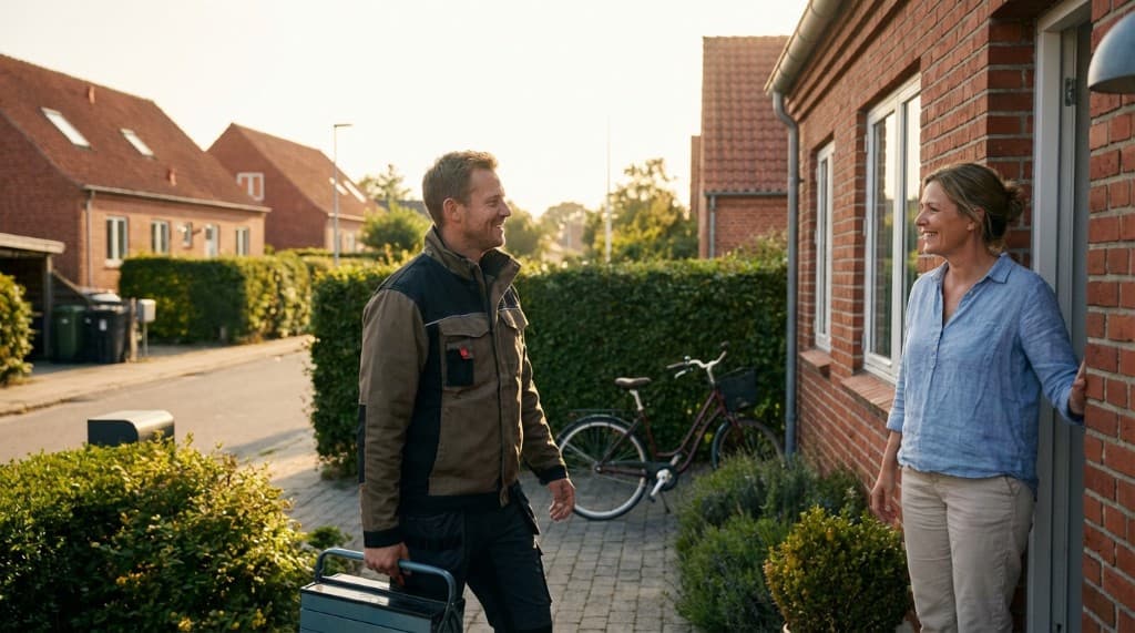 Lokal hjælper møder kunde ved hoveddøren i et dansk villakvarter