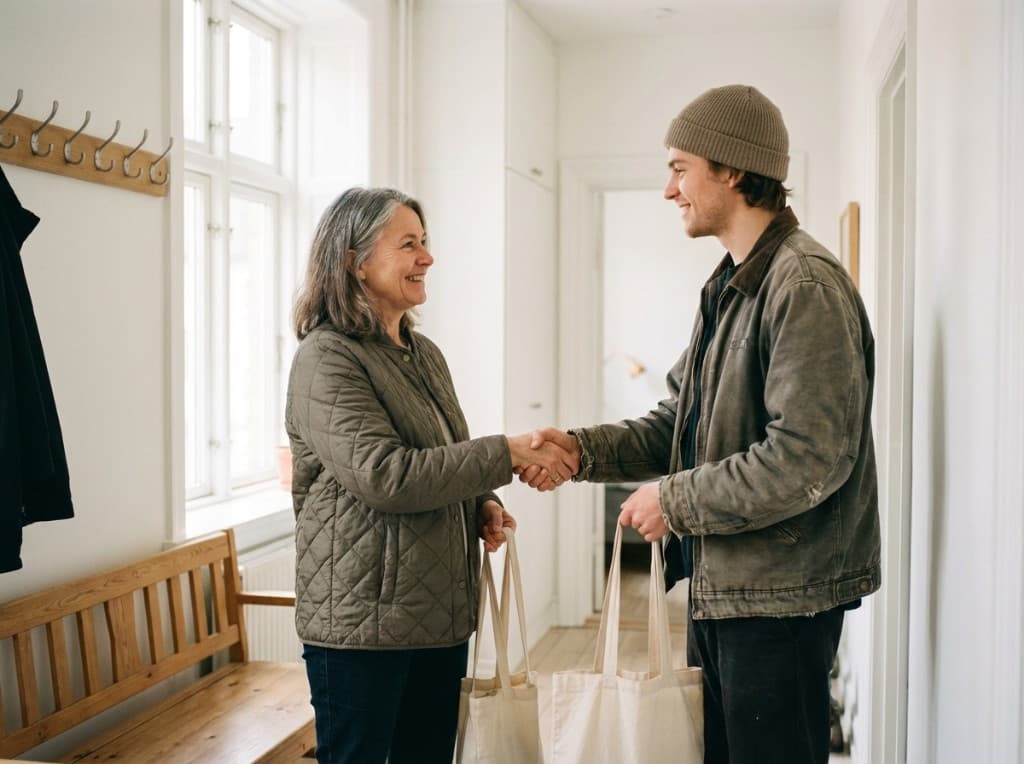 Kunde og hjælper hilser i gang med indkøbsposer
