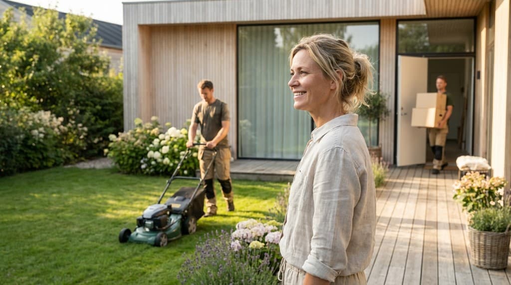 Smilende kvinde i haven mens hjælpere slår græs og bærer flyttekasser ved et moderne træhus