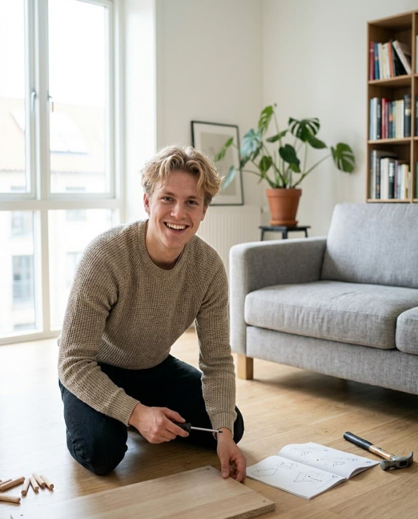 Lokal hjælper samler IKEA-møbler i en dansk stue