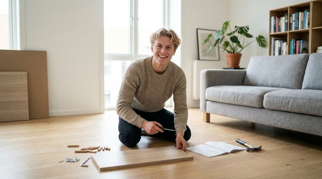 Lokal hjælper samler IKEA-møbler i en dansk stue