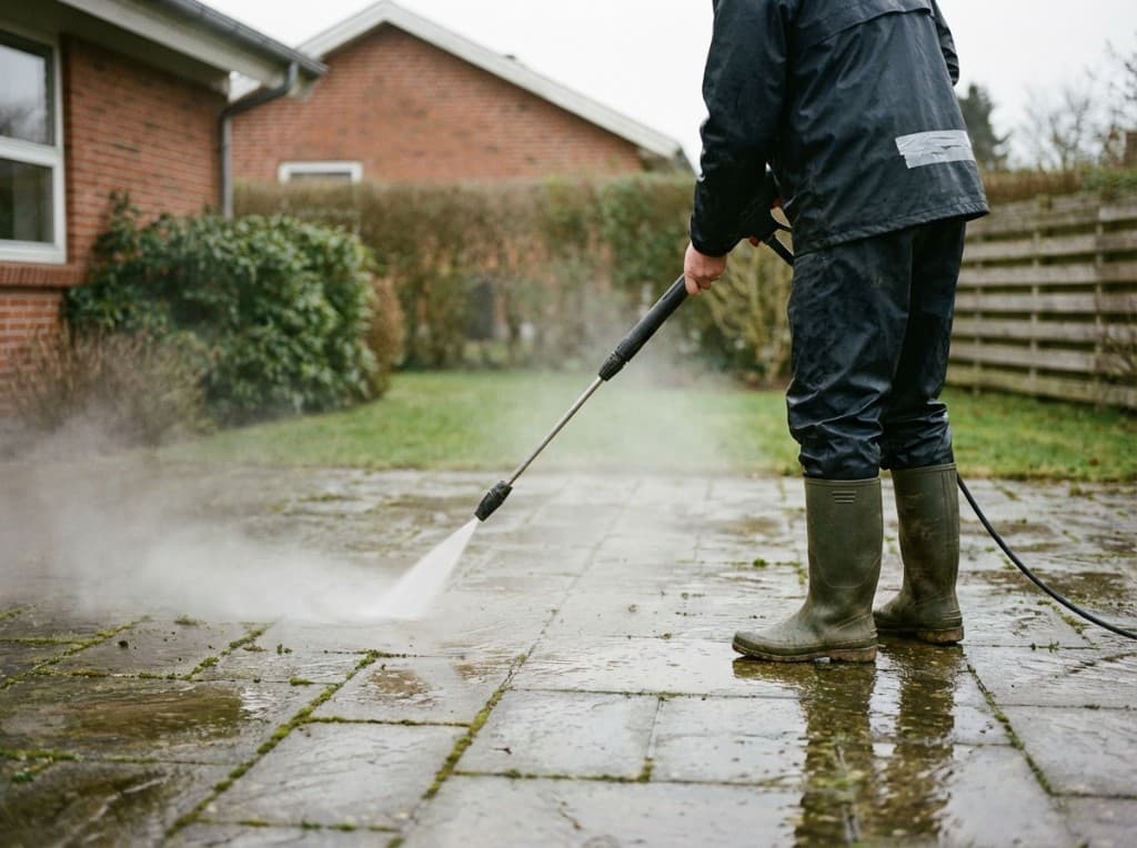 Hjælper højtryksrenser terrassefliser foran rødt murstenshus