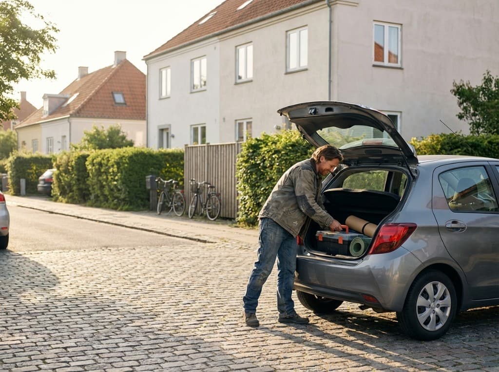 Hjælper pakker værktøjskasse i bagagerummet på bil på villavej om morgenen